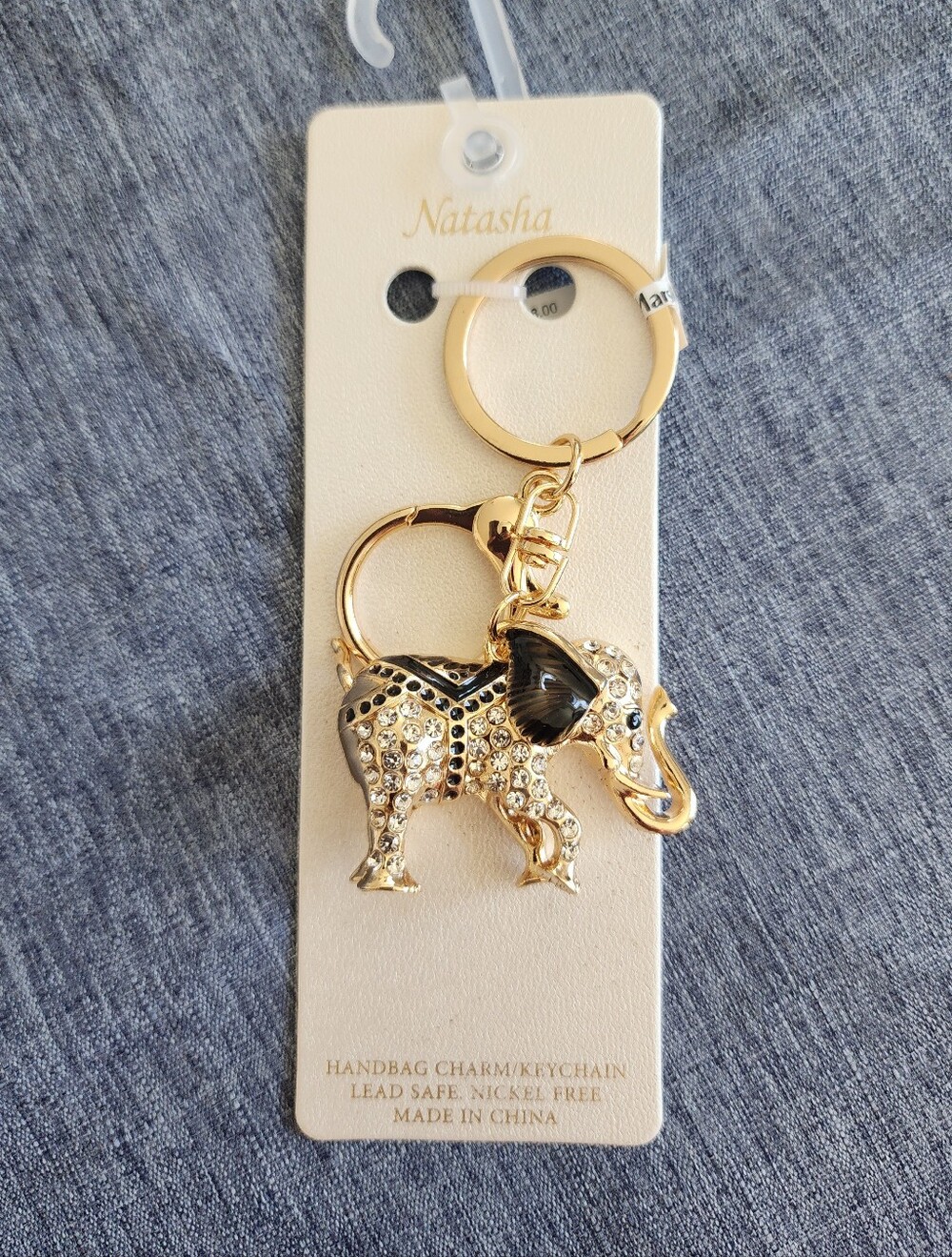Natasha Couture Gold Elephant Key & Bag Charm with Black Accent New